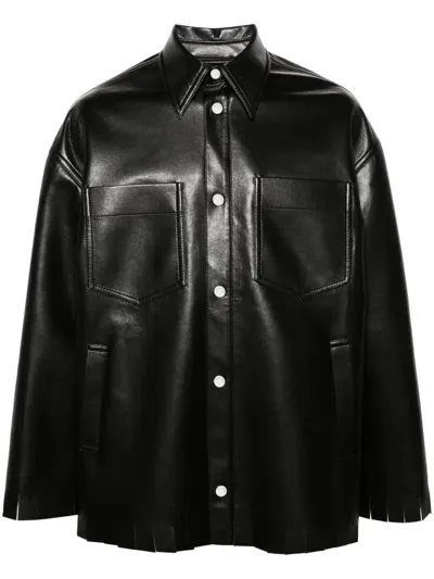 Nanushka Fringed Faux-leather Shirt Jacket In Black