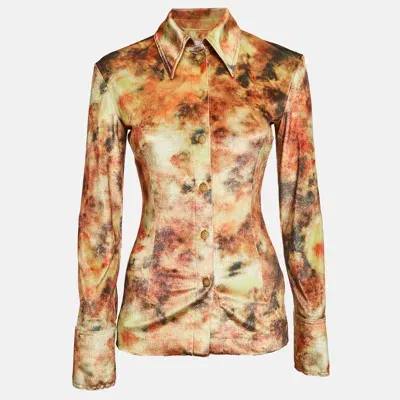 Pre-owned Nanushka Orange Hazy Floral Print Stretch Velvet Shirt Xs