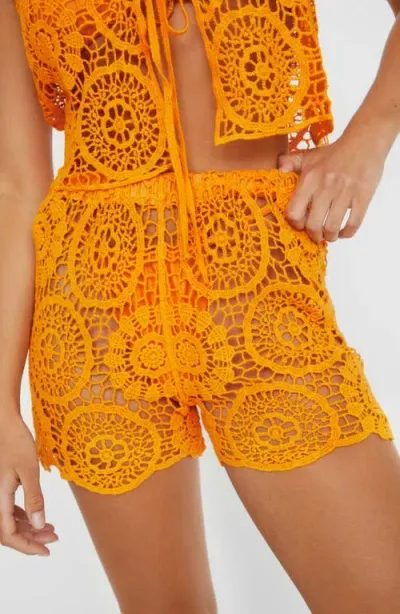 Nasty Gal Beach Premium Cotton Open Stitch Cover-up Shorts In Orange