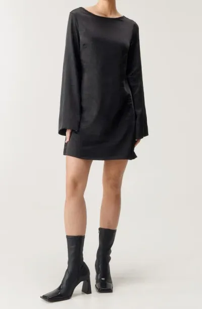 Nasty Gal Plunge Back Long Sleeve Satin Minidress In Black