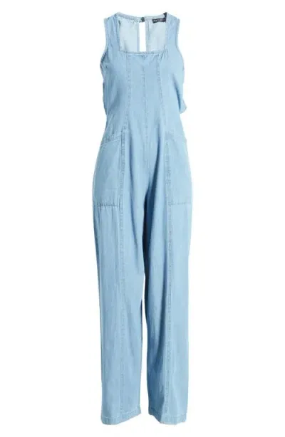 Nasty Gal Ruffle Cutout Chambray Jumpsuit In Authentic Midwash