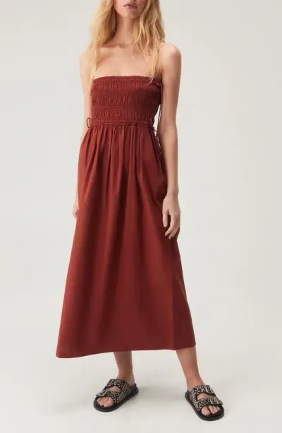 Nasty Gal Smocked Strapless Cotton Midi Dress In Rust