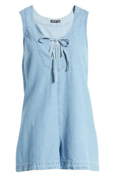 Nasty Gal Tie Front Keyhole Chambray Romper In Authentic Midwash