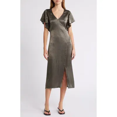 Nation Ltd Pamela Flutter Sleeve Satin Midi Dress In Graphite Foil