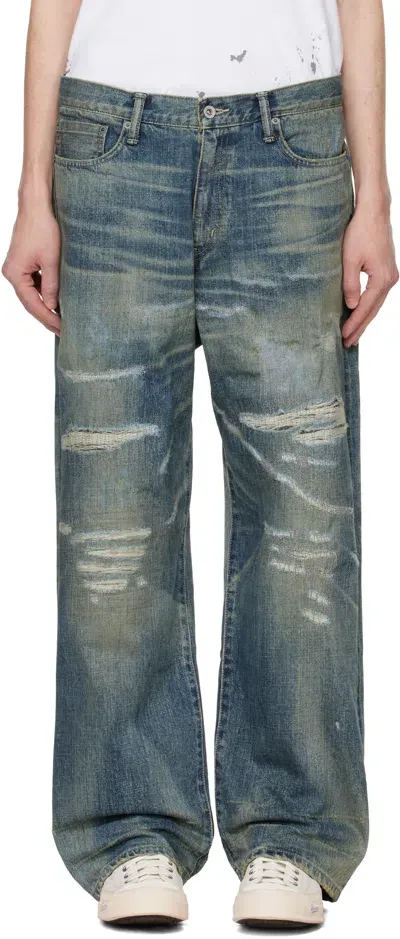 Neighborhood Blue Savage Denim Dp Wide Jeans In Indigo