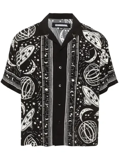 Neighborhood Cosmic Camp-collar Printed Matte-satin Shirt In Black