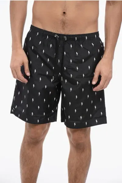 Neil Barrett All-over Micro Bolts Swim Long Shorts In Black