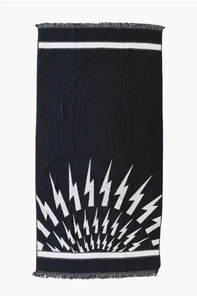 Neil Barrett Cotton Fair-isle Thunderbolt Beach Towel With Fringes In Black