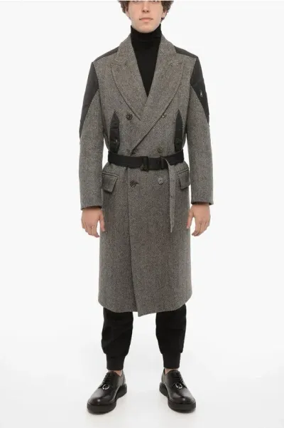 Neil Barrett Herringbone Motif Virgin Wool Double Breast Coat With Belt In Gray