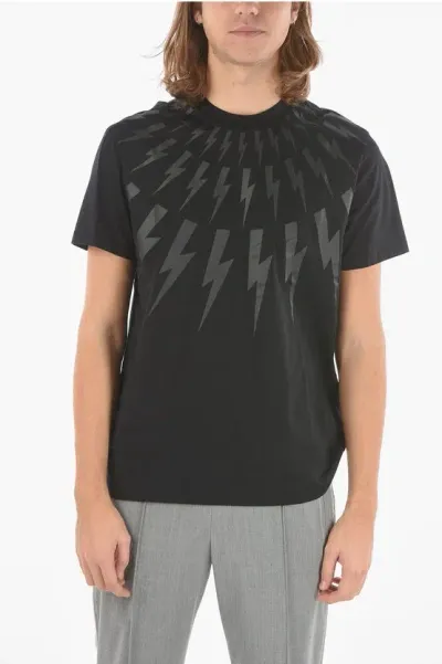 Neil Barrett Jersey Fair-isle Thunderbolt Crewneck T-shirt With Tone-on-t In Black