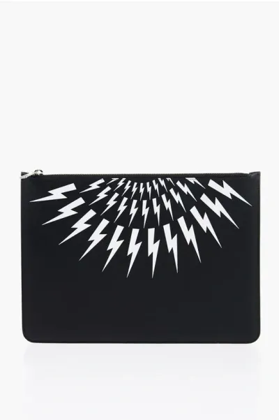 Neil Barrett Leather Fair-isle Thunderbolt Pouch With Zip Closure In Black