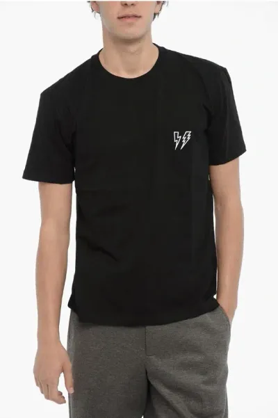 Neil Barrett Slim Fit Crew-neck T-shirt With Thunderbolts Embroidery In Black