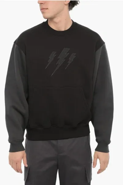 Neil Barrett Two-tone Fleeced Cotton Blend Crew-neck Sweatshirt In Black