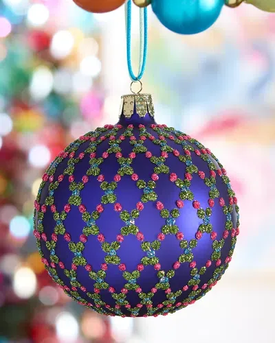 Neiman Marcus Matte Ball Ornament With Glitter Diamond Design In Blue