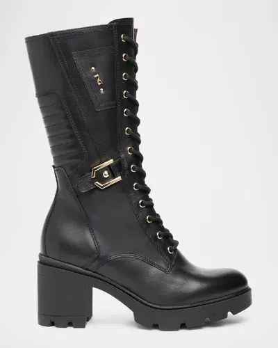 Nerogiardini Guilted Leather Lace-up Moto Boots In Black