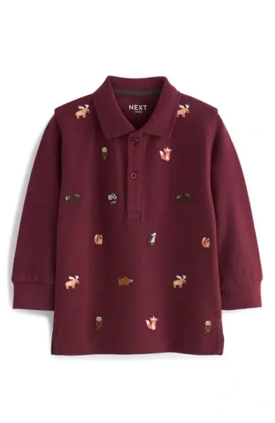 Next Kids' Animal Embroidered Long Sleeve Cotton Polo In Purple