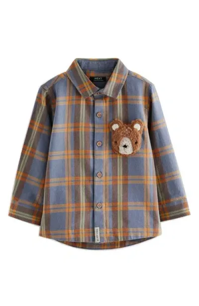 Next Kids' Bear Appliqué Plaid Cotton Button-up Shirt In Blue