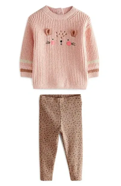 Next Kids' Bear Embroidered Sweater & Leggings Set In Pink