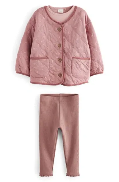 Next Kids' Flare Quilted Jacket, Ribbed T-shirt & Leggings Set In Pink