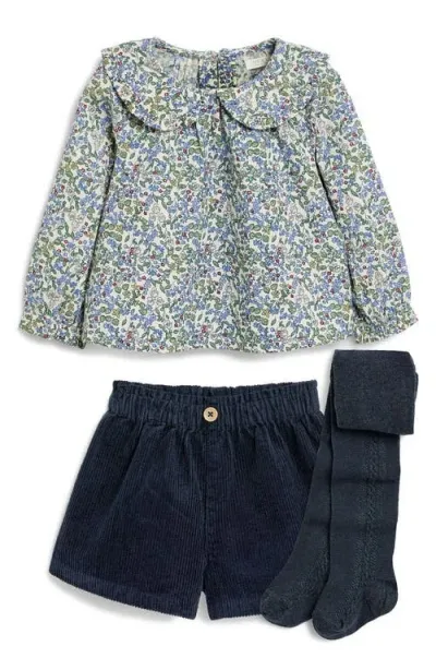 Next Kids' Floral Cotton Shirt, Corduroy Shorts & Tights Set In Blue