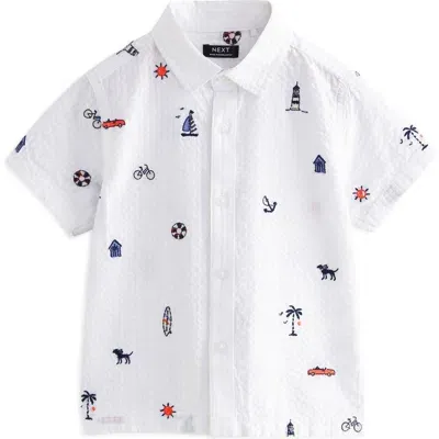 Next Kids' Nautical Embroidered Short Sleeve Seersucker Button-up Shirt In White