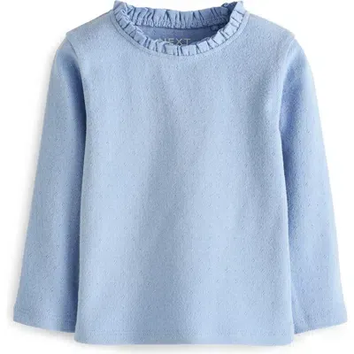 Next Kids' Pointelle Ruffle Neck Cotton Top In Blue