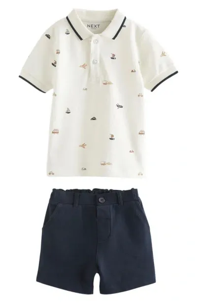 Next Kids' Vehicle Print Cotton Polo & Shorts Set In White