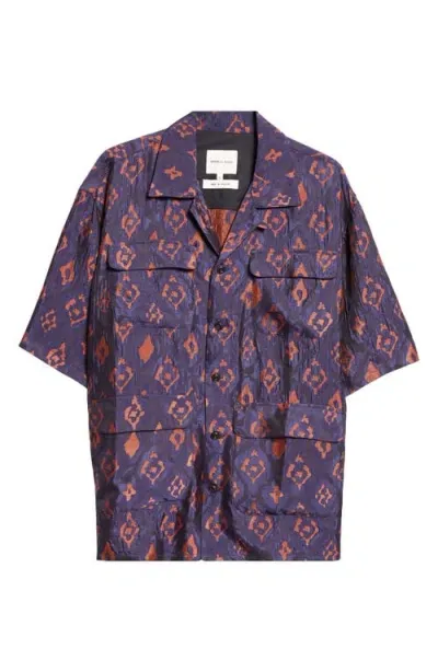 Nicholas Daley Abstract Ikat Jacquard Camp Shirt In Navy/ginger