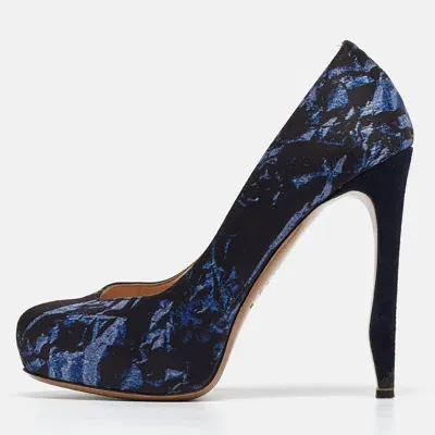 Pre-owned Nicholas Kirkwood Navy Blue Print Satin Platform Pumps Size 37.5