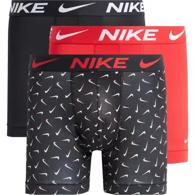 Nike 3-pack Dri-fit Essential Micro Boxer Briefs In Swoosh Life/uni Red/black