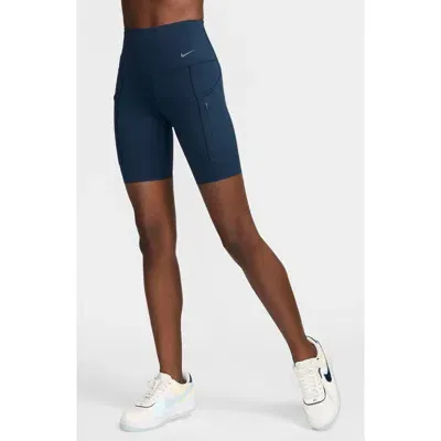 Nike Dri-fit Firm Support High Waist Biker Shorts In Armory Navy/black