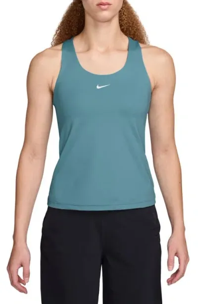 Nike Dri-fit Swoosh Bra Racerback Tank In Denim Turq/white