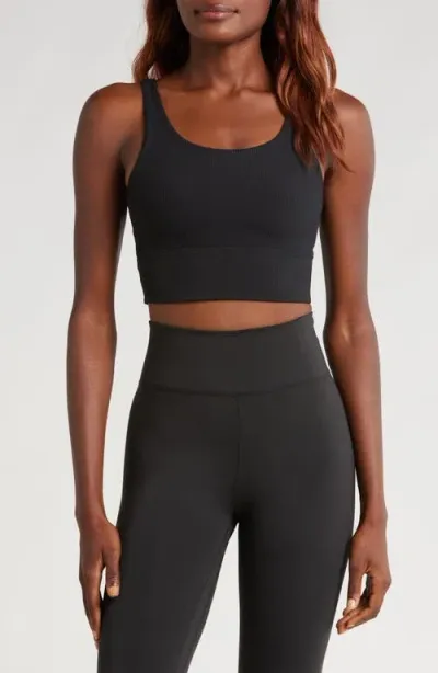 Nike Zenvy Rib Dri-fit Longline Sports Bra In Black/black/pcg3c