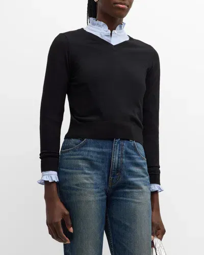 Nili Lotan Janah V-neck Crop Wool Sweater In Black