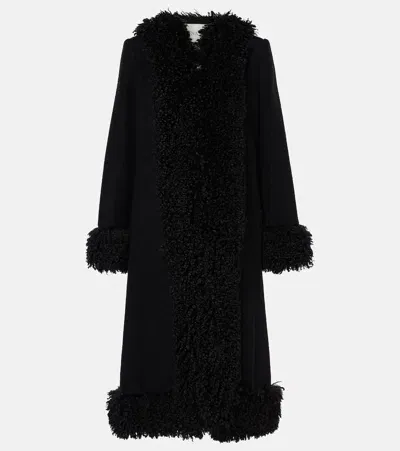 Nina Ricci Shearling-trim Wool Coat In Black