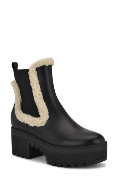 Nine West Haray Faux Shearling Lug Sole Chelsea Boot In Black