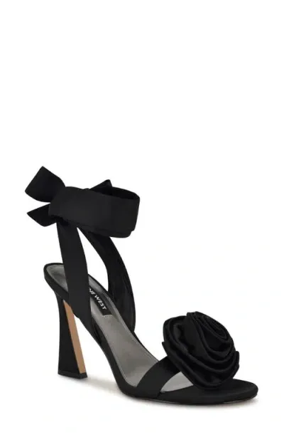 Nine West Krave Ankle Wrap Sandal In Black Satin