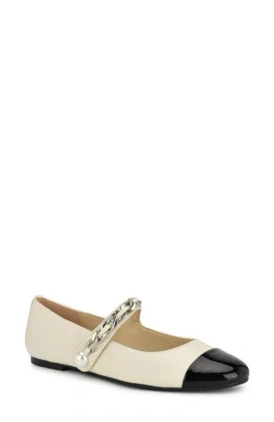 Nine West Platy Mary Jane Cap Toe Flat In Ivory