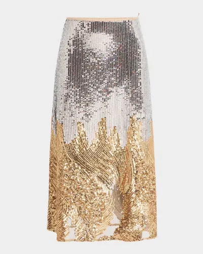 No Pise La Grama Elena Sequined Midi Skirt In Silver