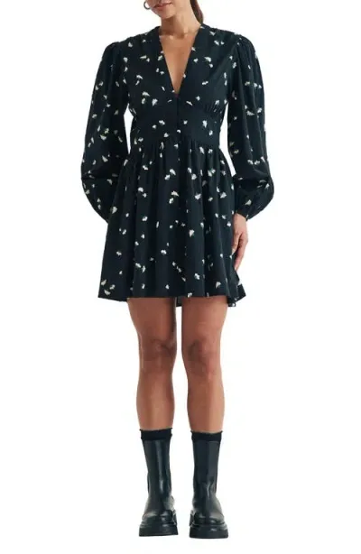 Nobody's Child Starlight Floral Long Sleeve Cotton Minidress In Black