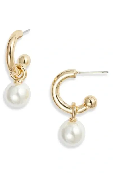 Nordstrom Imitation Pearl Drop Huggie Hoop Earrings In White- Gold