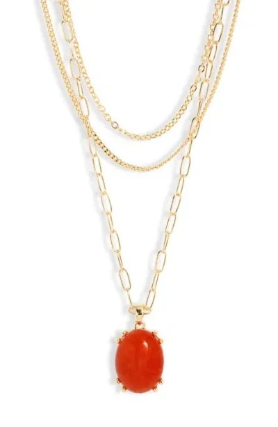 Nordstrom Jade Glass Pendant 3-tier Layered Necklace In Rust- Gold