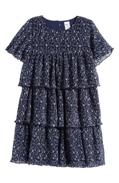 Nordstrom Kids' Floral Plissé Tiered Dress In Navy Peacoat Seaside Floral