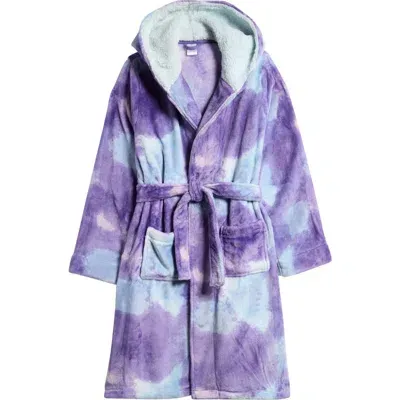 Nordstrom Kids' Print Fleece Hooded Robe In Purple Aster Dreamy Clouds