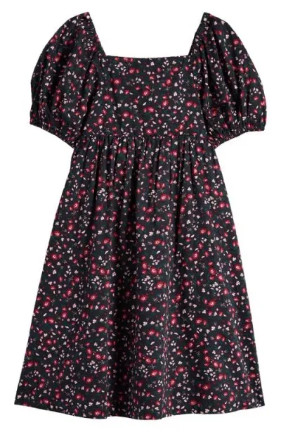 Nordstrom Kids' Puff Sleeve Bow Back Cotton Dress In Black- Multi Dundee Floral