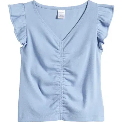 Nordstrom Kids' Ruched Flutter Sleeve V-neck Top In Blue Worn