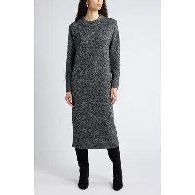 Nordstrom Long Sleeve Marled Merino Wool Sweater Dress In Black- Ivory Marl