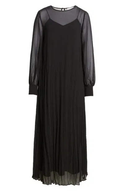 Nordstrom Pleated Long Sleeve Layered Chiffon Dress In Black