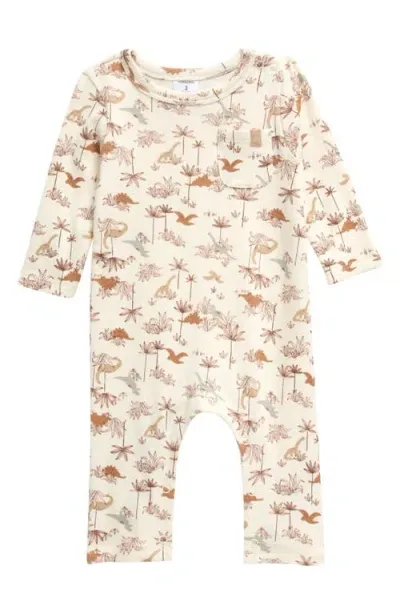 Nordstrom Babies'  Print Cotton Pocket Romper In Ivory Egret Dino Forest