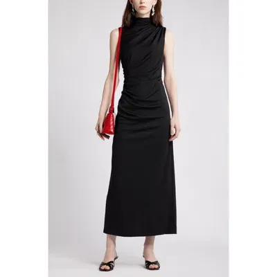 Nordstrom Ruched Mock Neck Sleeveless Maxi Dress In Black